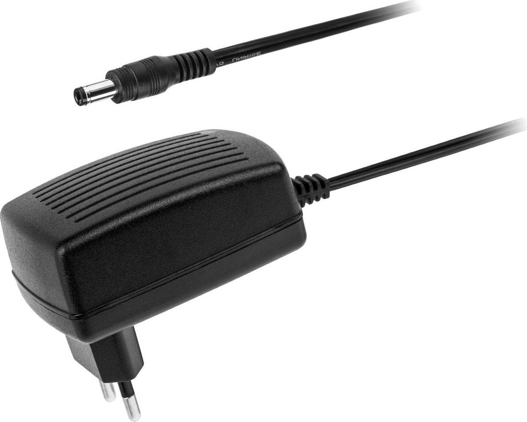 A black power adapter with a European plug and a DC output connector.