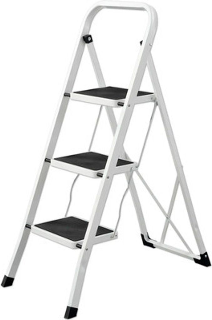 A white stepladder with three black steps against a white background.