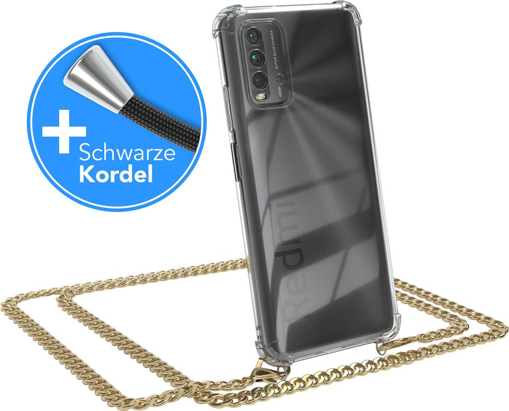 EAZY CASE Metall Handykette für Xiaomi Redmi 9T, Handyhülle mit Umhängeband, Silikonhülle, Metallkette für Smartphone in Gold