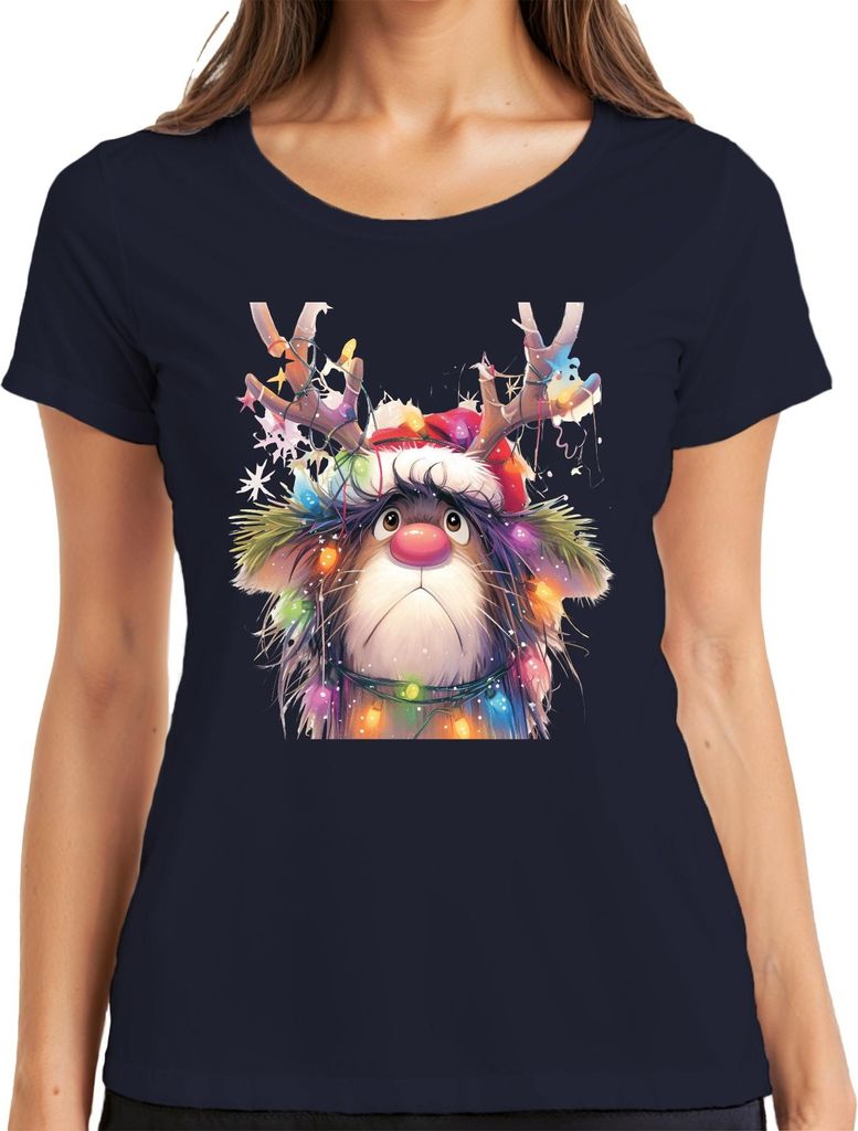 Rudolf Rentier Lichterkette Weihnachten niedlich Cartoon Geschenk Damen T-Shirt, Navy, L