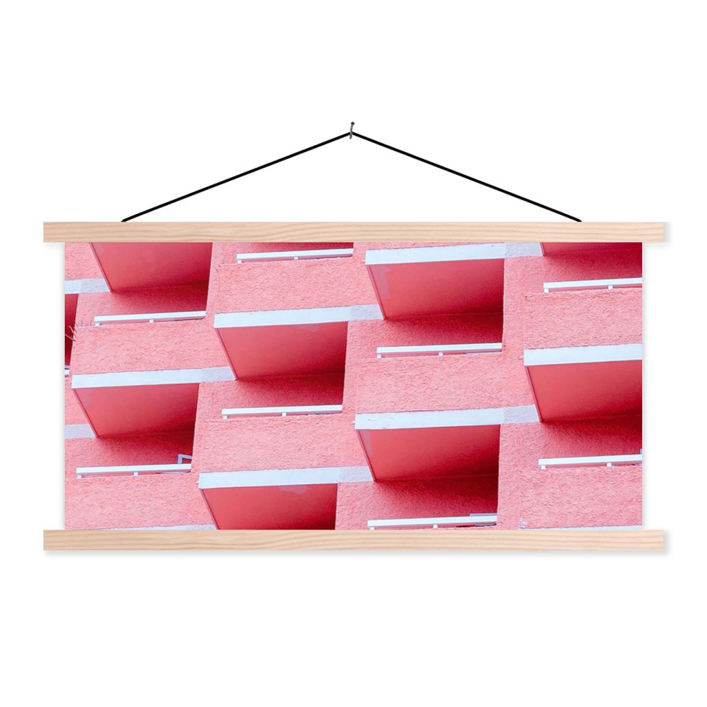 MuchoWow Textilposter Rosa - Balkon - Sommer - Architektur 60x30 cm mit holzfarbenen Rahmen - Dekoration
