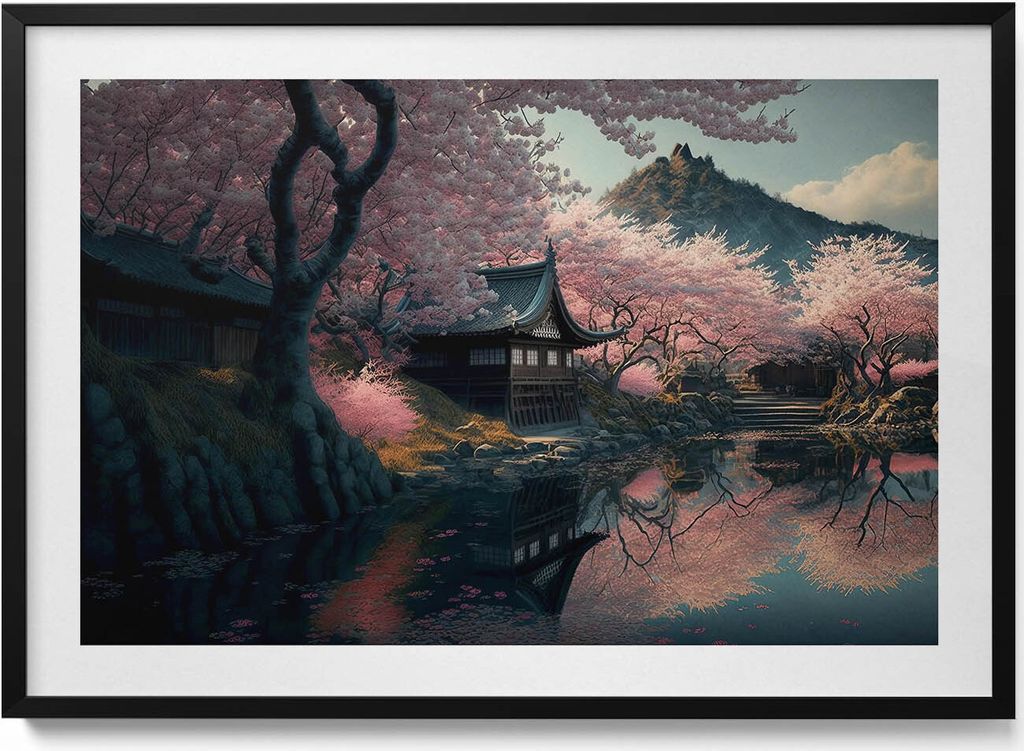 Schöne asiatische Kirschblüte– Wandbild mit Rahmen – Gerahmtes Bild – Wanddekoration – 100x70 cm – Schwarz Rahmen