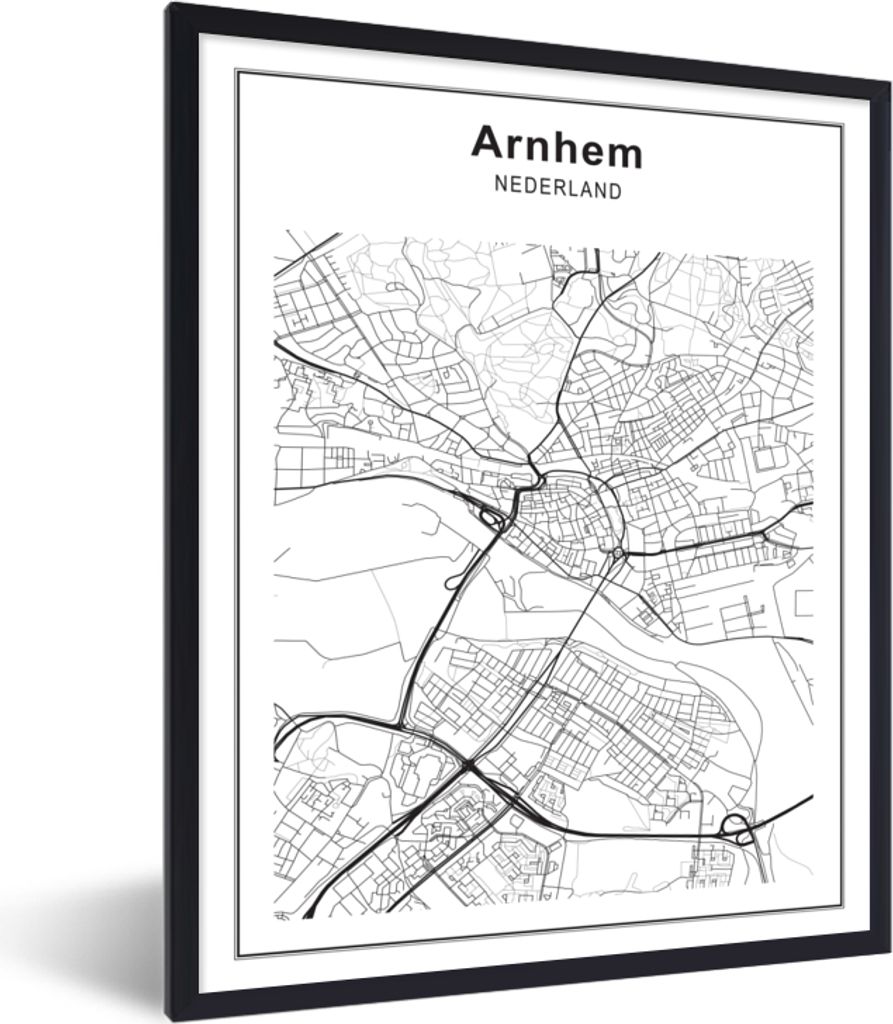 MuchoWow Gerahmtes Poster Stadtplan - Arnheim - Schwarz und weiß 30x40 cm - Poster mit Schwarzem Bilderrahmen Wandposter Rahmen Foto Bilder - Wa...