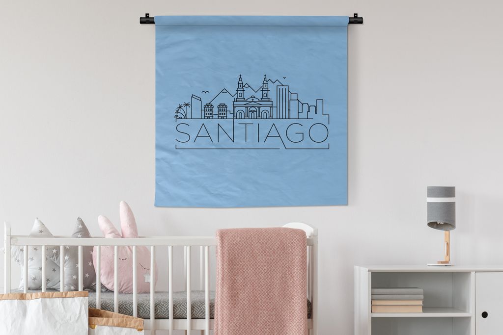 MuchoWow Wandteppich Wandbehang Skyline "Santiago" schwarz auf blau 90x90 cm Tapisserie Dekoration Wandtuch - Wandaufhänger