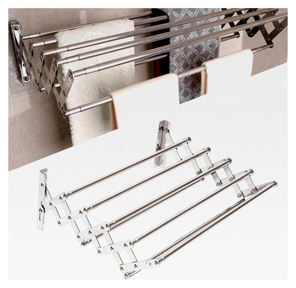 Wandmontierter Wäscheständer aus Edelstahl, klappbar, mit 5 Stangen, Handtuchhalter aus Metall für das Bad, Breite 42-80 cm