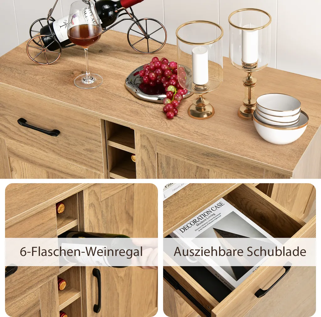 Buffet avec étagères réglables et casier à vin, commode mobile naturelle
