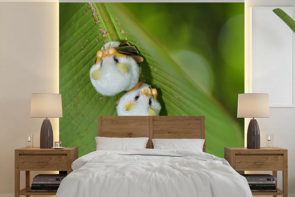 MuchoWow Fototapete für Wohnzimmer oder Schlafzimmer Wandtapete Vinyl Motivtapete Weiße Fledermäuse auf grünem Blatt - 220x220 cm - Tapeten