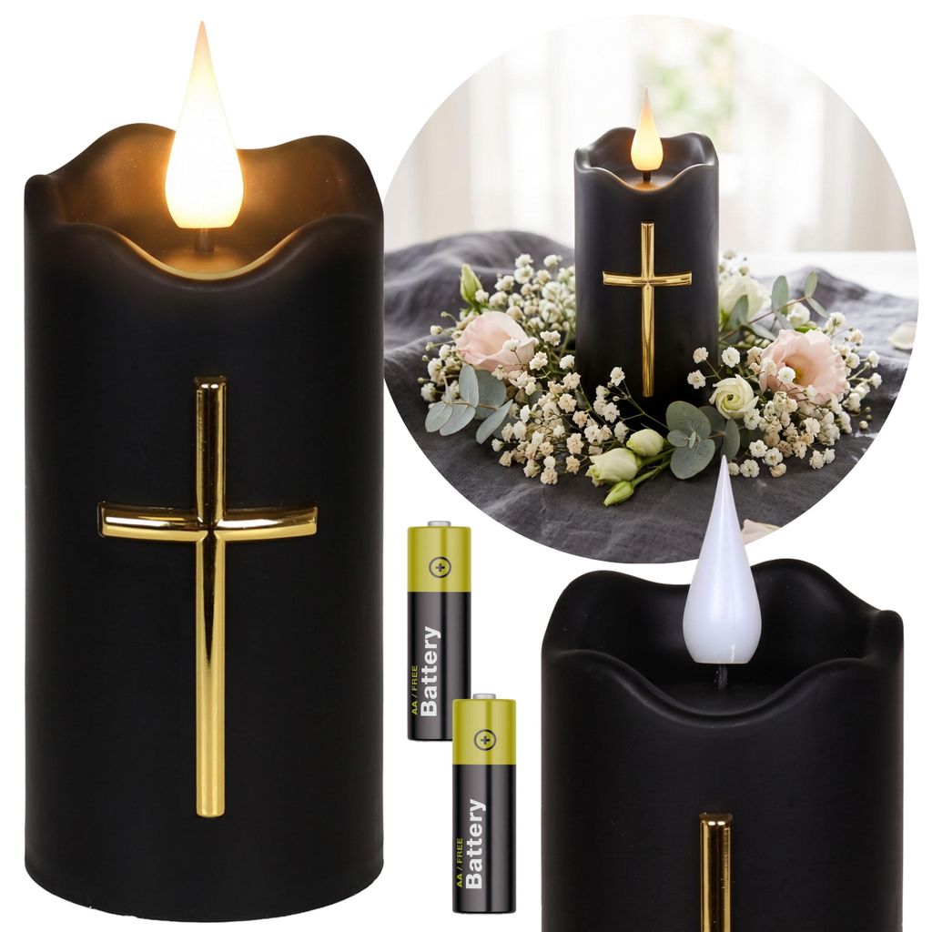 Schwarze LED-Kerze mit Kreuz und Flammeneffekt, Produktbild 