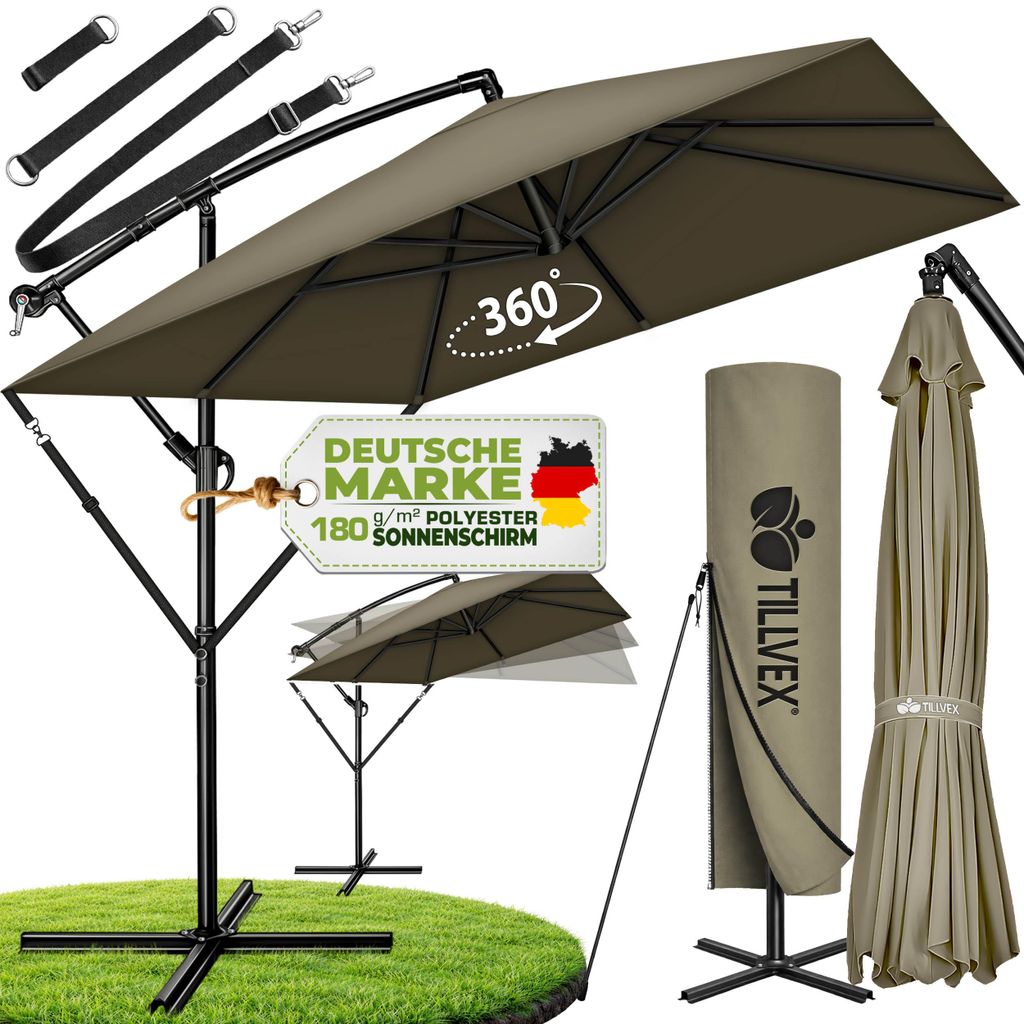 tillvex® Hliníkový slunečník obdélníkový Ø 330 cm hnědý + Obrázek produktu 