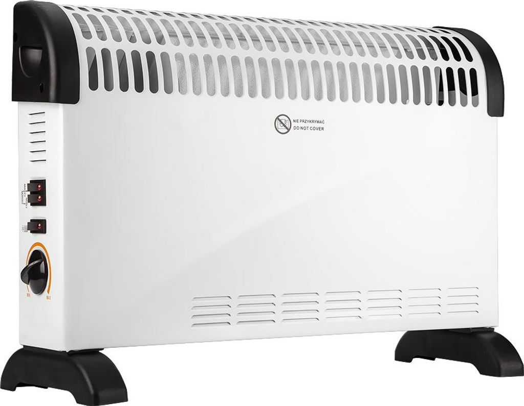 A white electric heater with black accents and feet, shown on a white background.