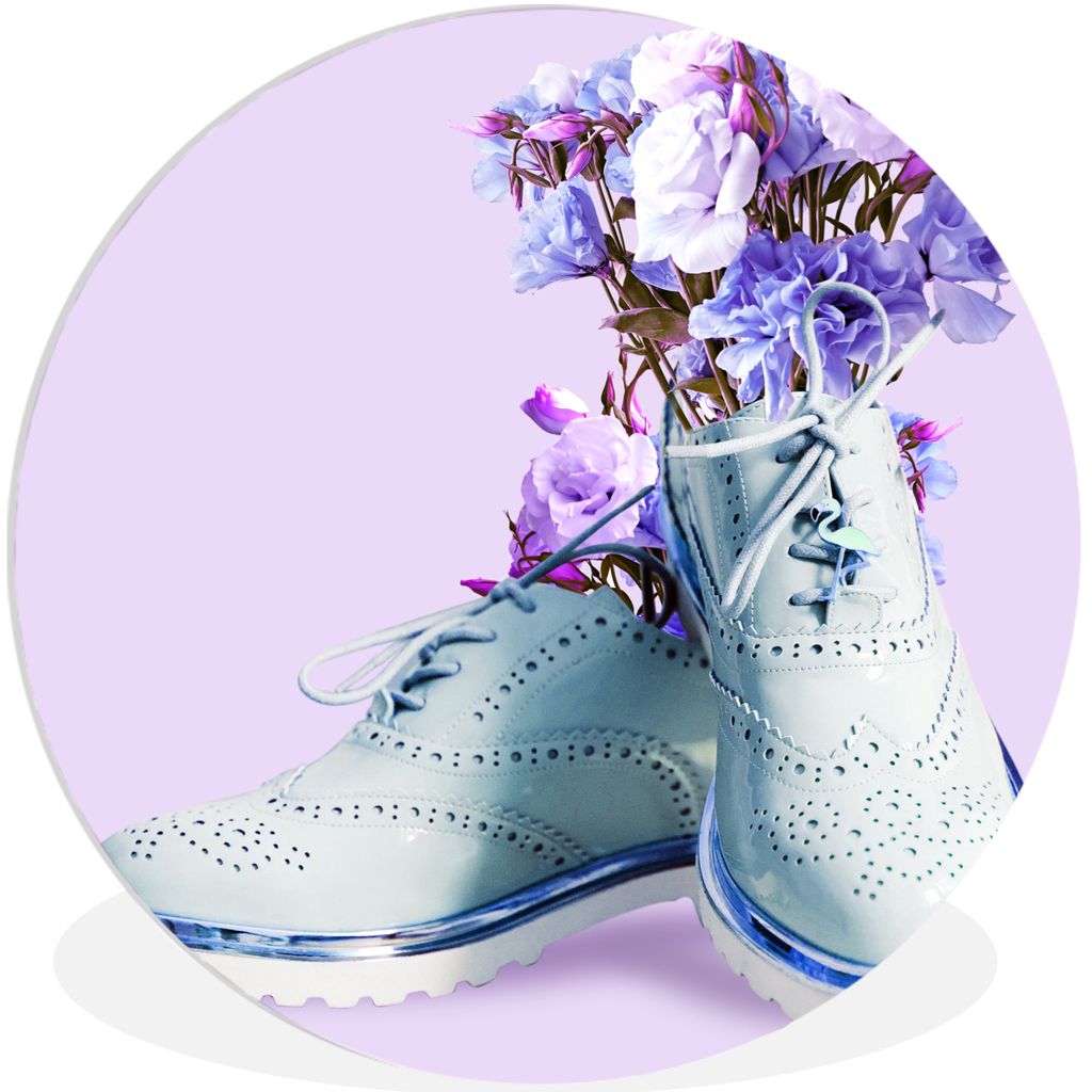 MuchoWow Rundes Wandbild - Runde Bilder Schuhe - Blumen - Lila - Blau Ø 30 cm Kreis Wanddekoration Kunststoff - Wandkreis - Wandschmuck - Schlaf...