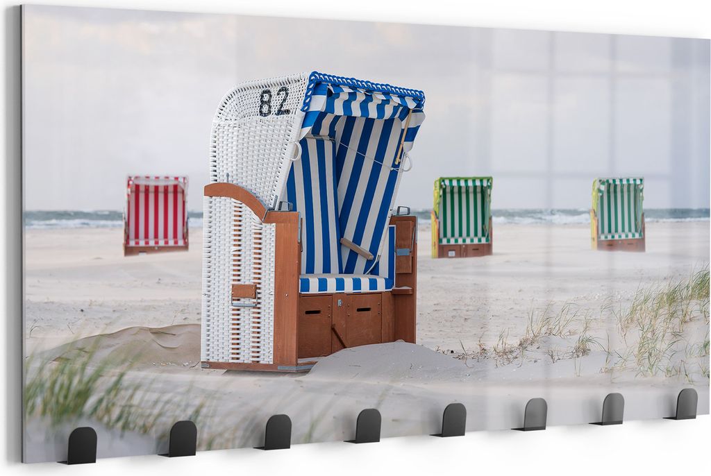 DEQORI Kleiderhaken Glas 60x30 cm 'Ostsee Strandkörbe' Wand Garderobe beschreibbar Paneel