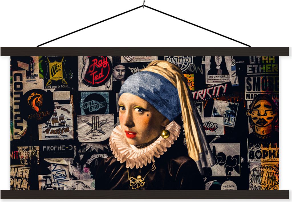 MuchoWow Textilposter Das Mädchen mit dem Perlenohrring - Tätowierung - Vermeer 90x45 cm mit schwarzem Rahmen - Klemmleisten
