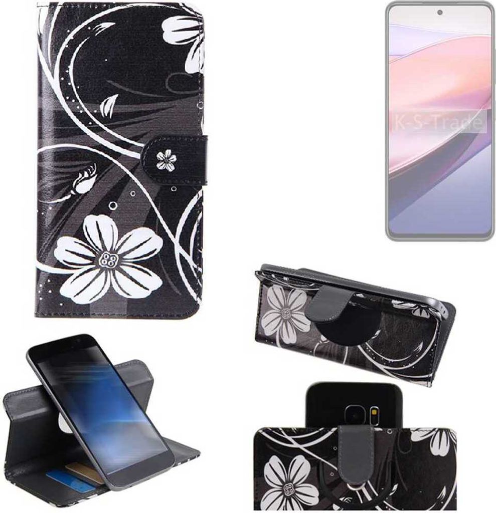 K-S-Trade Schutzhülle Handyhülle kompatibel mit Nubia Focus 5G Hülle 360° Wallet Case “Flowers“ Klapphülle Hülle schwarz-weiß 1x