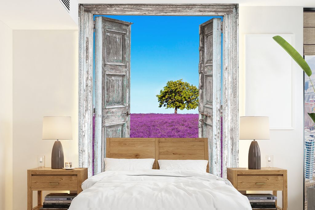 MuchoWow Fototapete für Wohnzimmer oder Schlafzimmer Wandtapete Vinyl Motivtapete Blumen - Lavendel - Ansicht - 195x260 cm - Wandbild