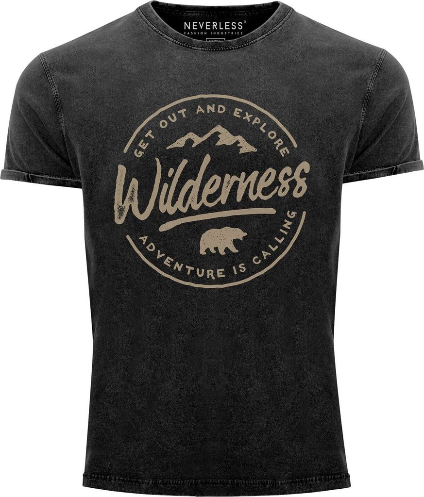 Neverless Herren T-Shirt Vintage Shirt Printshirt Adventure Logo Berge Mountain Bär Wilderness Schriftzug Fashion Streetstyle Aufdruck Used Look...