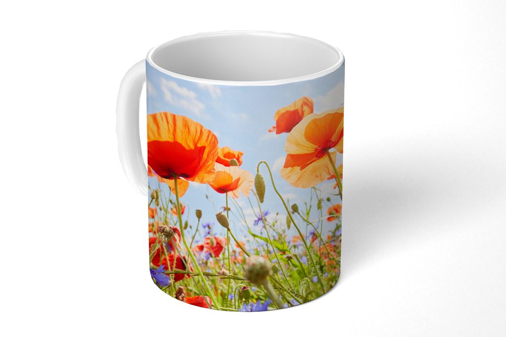KitchenYeah Tasse Kaffeetasse Kaffeebecher 350 ml Blumen - Mohn - Frühling - Natur - Rot - Blau Teetasse - Fototasse - Becher - Keramikbecher - ...