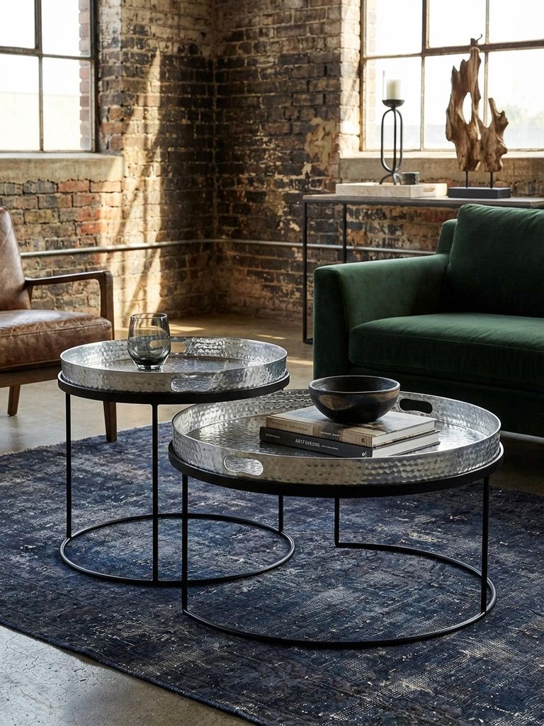 Couchtisch 2er Set Silber / Schwarz Metall Hammerschlag Satztisch Rund, Sofatisch abnehmbares Tablett, Tabletttisch Sofa 2 teilig Modern, Runder Be...