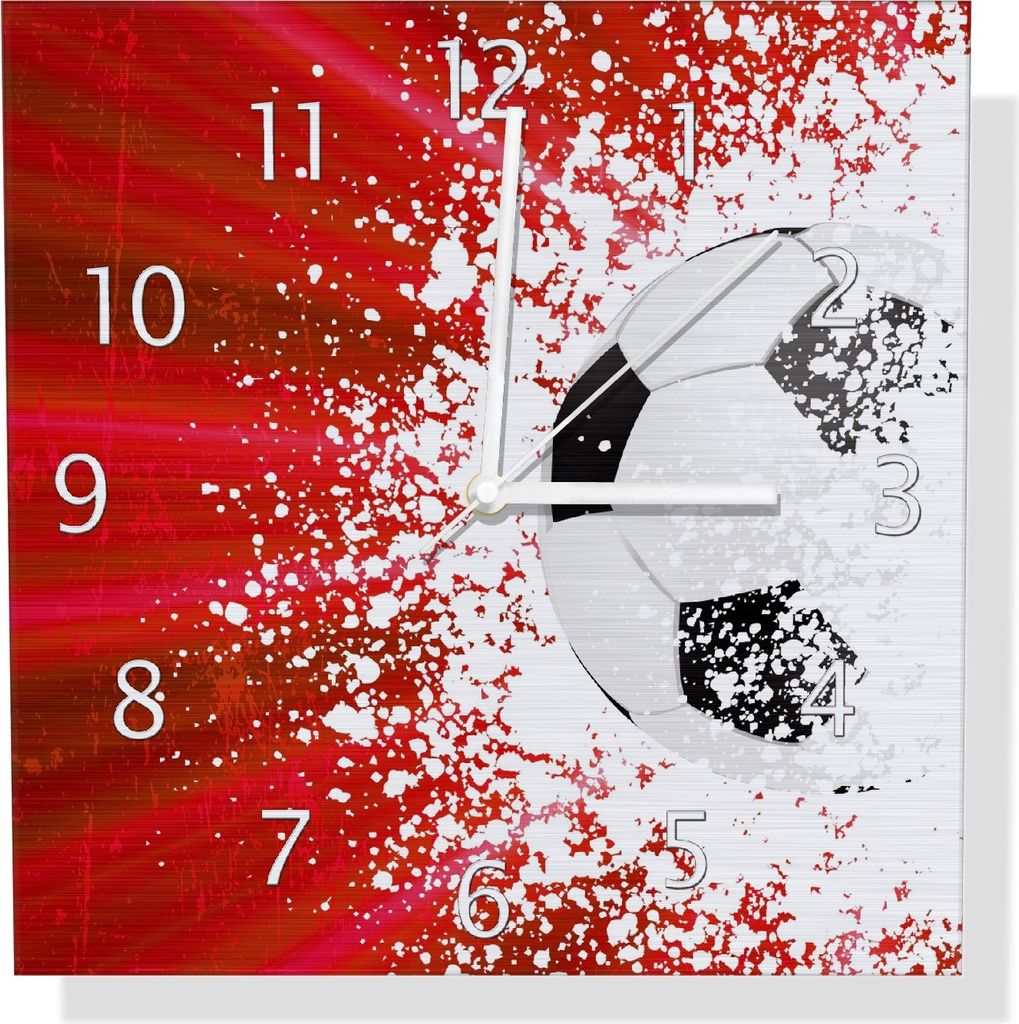 Wallario Design Wanduhr Fußball - Splashing Design in rot aus Aluverbund, Größe 30 x 30 cm