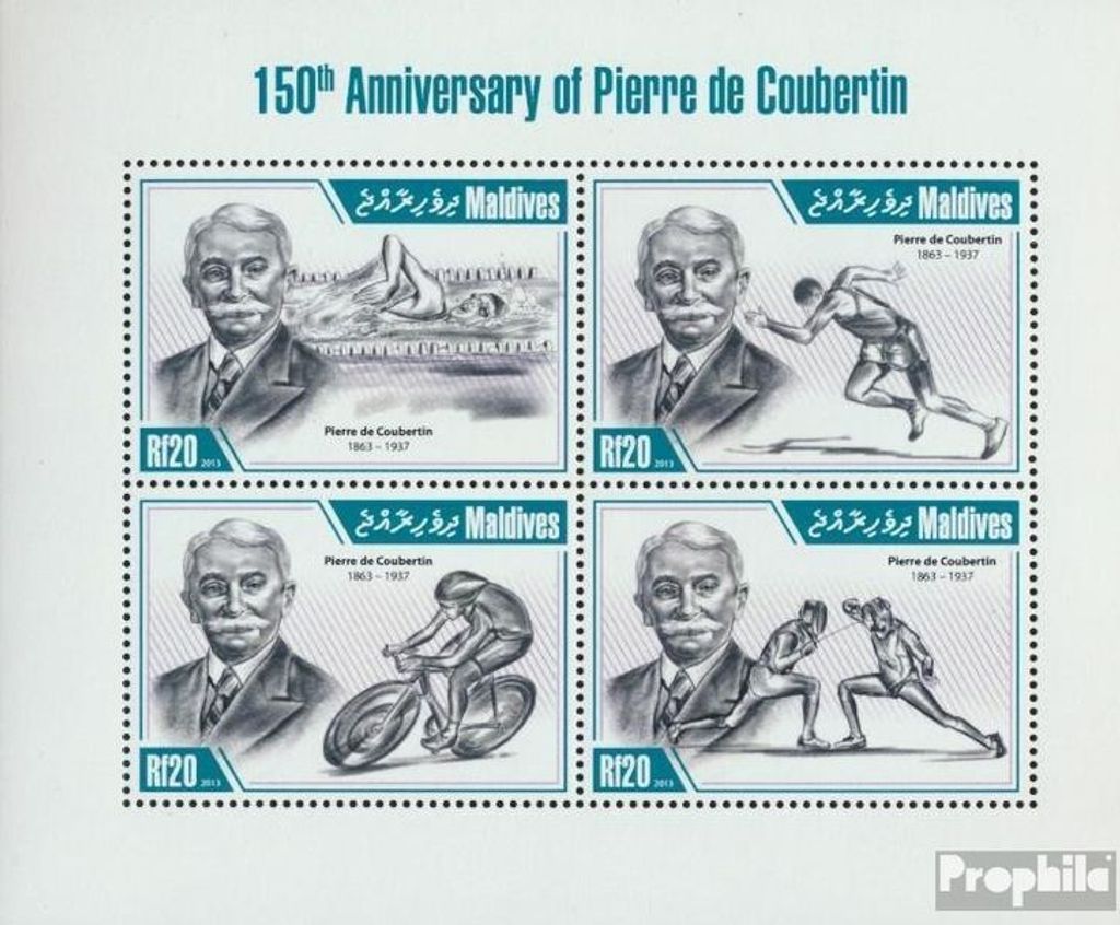 Briefmarken Malediven 2013 Mi 4983-4986 Kleinbogen (kompl. Ausg.) postfrisch Pierre de Coubertin
