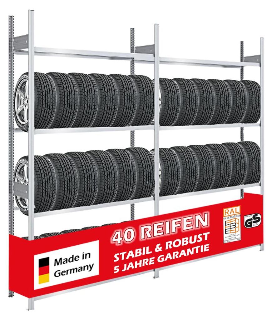 Reifenregal TIRE PRO Germany | Komplettregal | HxBxT 250x260x43cm | 150kg Fachlast | bis zu 40 Reifen auf 4 Ebenen | Verzinkt
