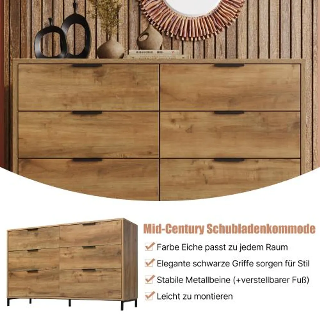Buffet bas 6 tiroirs AIORBER, Meuble de Rangement Industriel Chêne Foncé