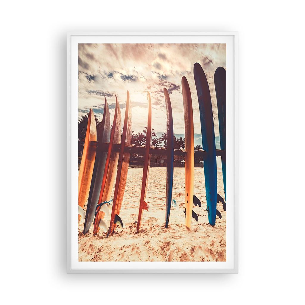 Gerahmtes Poster - Weißer Rahmen - Surfen Strand Board - 70x100 cm - Wand Bild - Wanddeko - Wandbilder - Kunstposter - Wandposter - Bilderrahmen -...