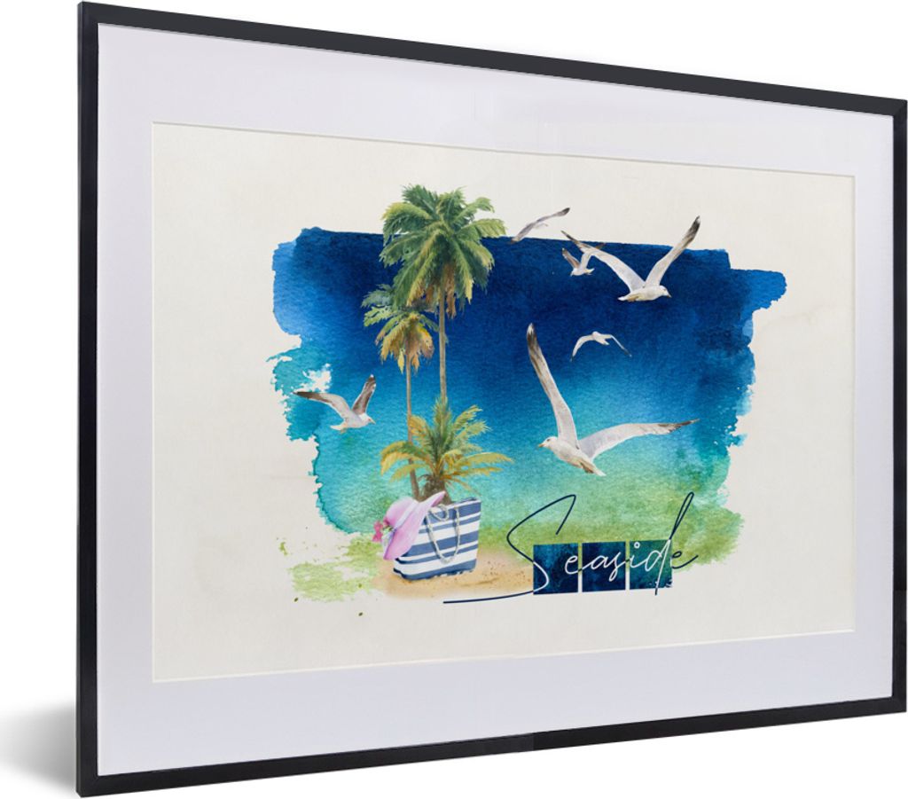 MuchoWow MuchoWow Gerahmtes Poster Vogel - Palme - Himmel - Strand 40x30 cm - Poster mit zchwarzem Bilderrahmen - Bilderrahmen - Poster im Rahmen