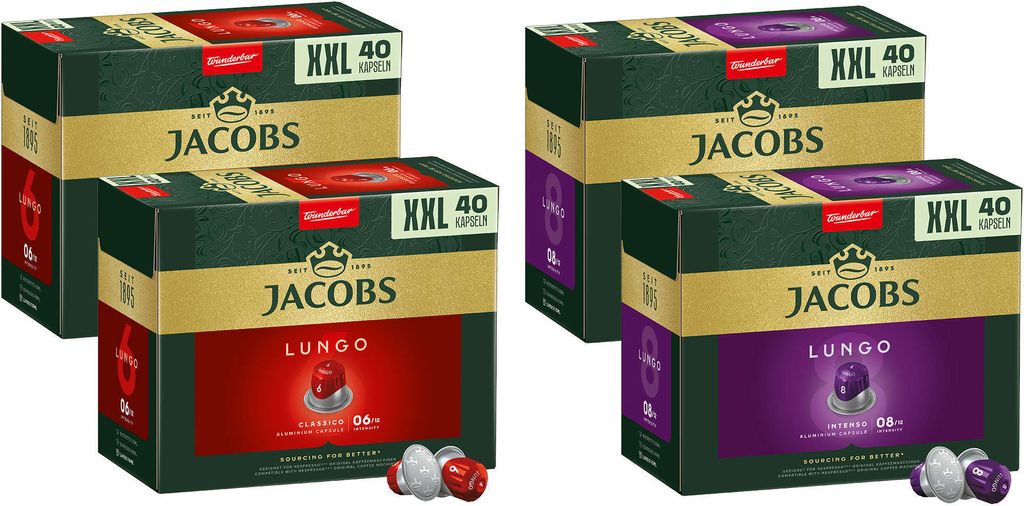 JACOBS Kapseln Nespresso®* kompatible 2 x 40 Lungo 6 Classico + 2 x 40 8 Intenso XXL-Packs - insgesamt 160 Getränke