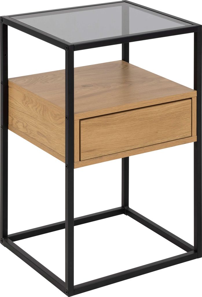 Randolf Nachttisch 1 Ablage, 1 Schublade, Glas rauchfarbenen, wild Eiche Nachbildung.