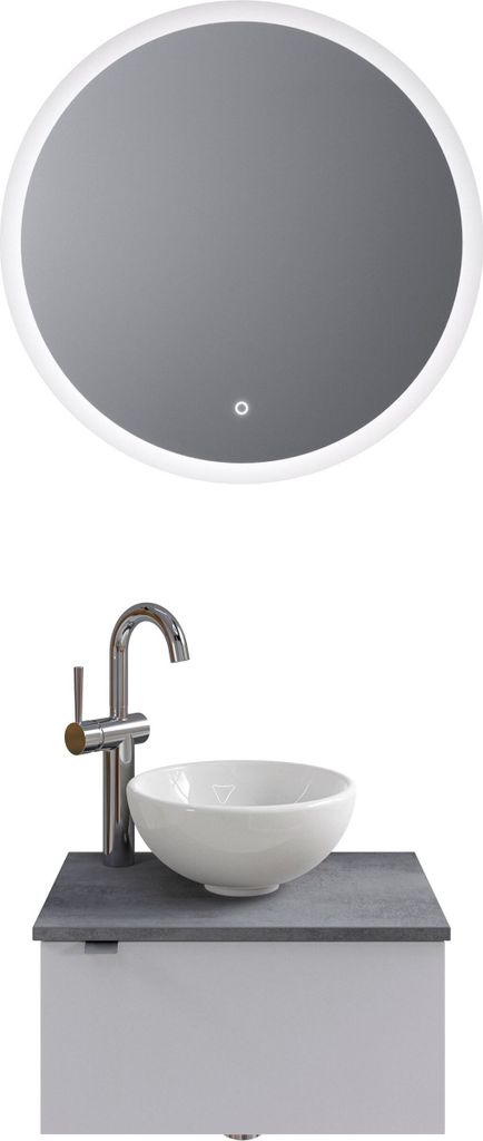 Pelipal Serie 6915 SET-044-174 Block bestehend aus: Keramik-Aufsatzbecken, Waschtischplatte, Waschtischunterschrank, LED Spiegel