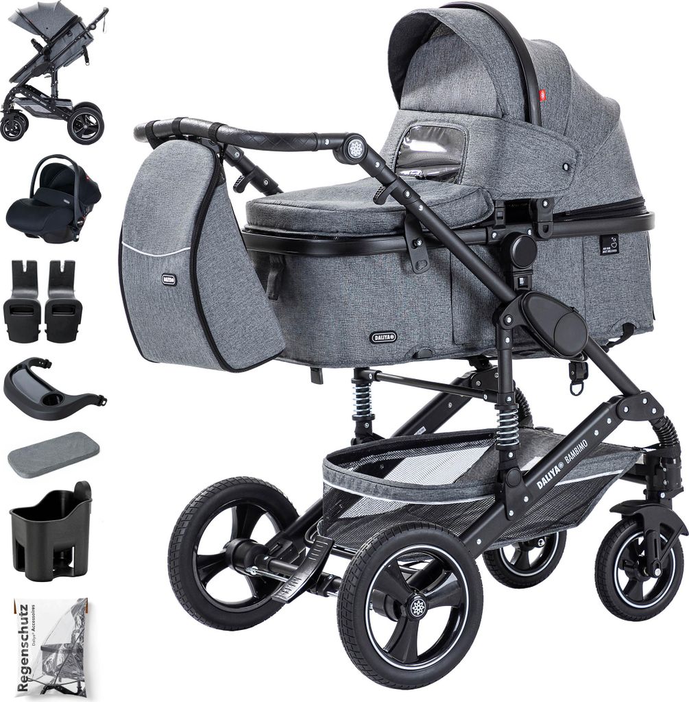 Daliya BAMBIMO 3in1 Kinderwagen mit i-Size Babyschale, Gummi-Rädern & Aluminiumrahmen, Travel-System mit 2in1-Babywanne/Sportsitz, Kombi-Kinderw...