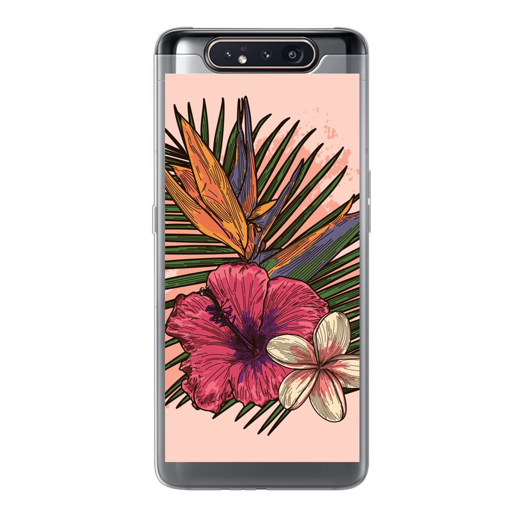 MuchoWow Handyhülle Schutzhülle Hülle für Samsung Galaxy A80 Blumen - Tropisch - Rosa Silikon Softcase Handy Hülle - Schutzdeckel