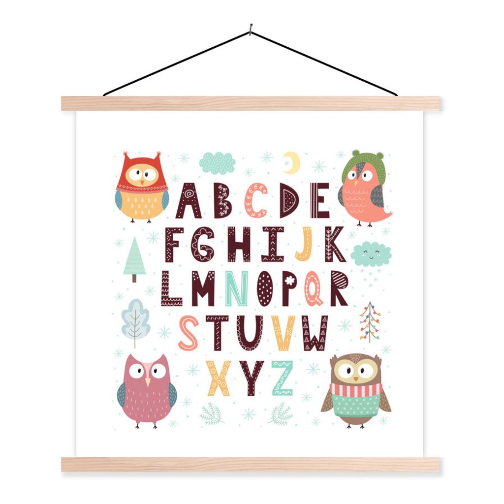 MuchoWow Textilposter Illustration Alphabet mit Eulen 40x40 cm mit holzfarbenen Rahmen - Posterleiste