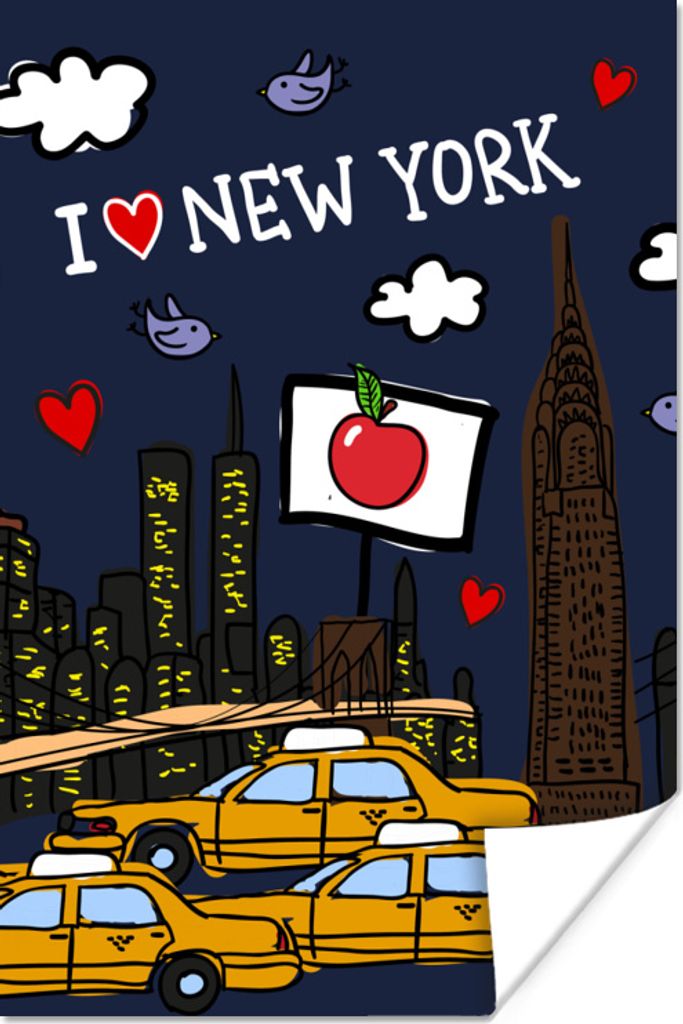 MuchoWow Poster New York - Nacht - Zeichnung 20x30 cm - Papierdruck