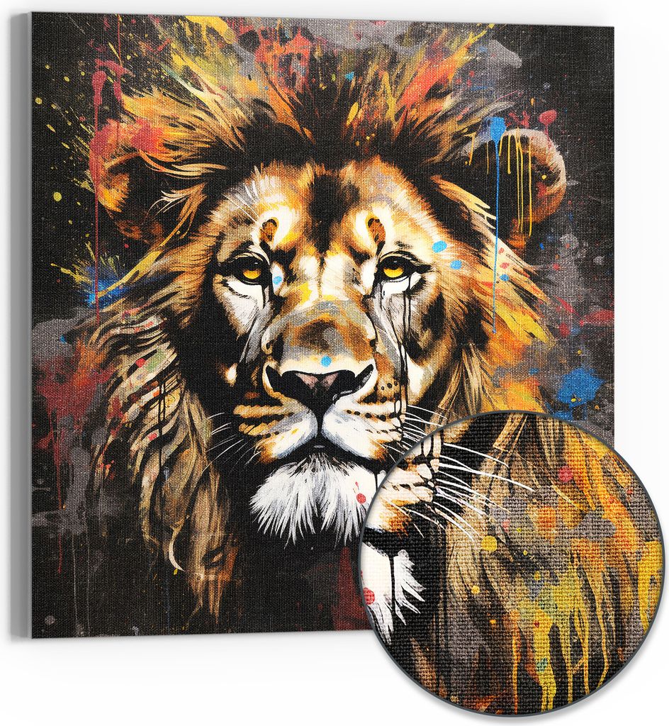 DEQOART Hybrid Leinwand Bild 50x50 cm 'Farbenkönig der Wildnis' Wandbild Glas flach modern