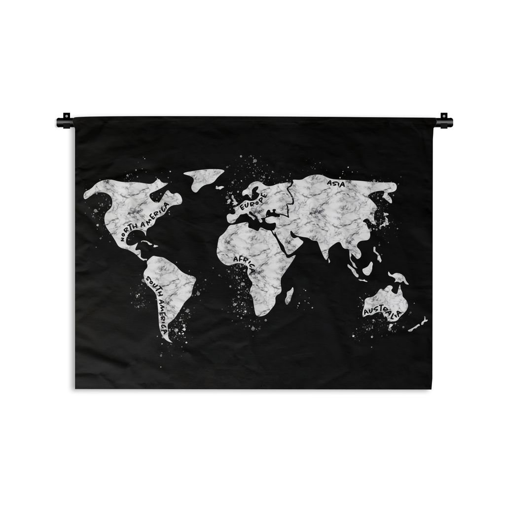 MuchoWow Wandteppich Wandbehang Weltkarte - Marmor - Schwarz - Weiß 120x90 cm Tapisserie Dekoration Wandtuch - Wohnen - Aufhänger für die Wand