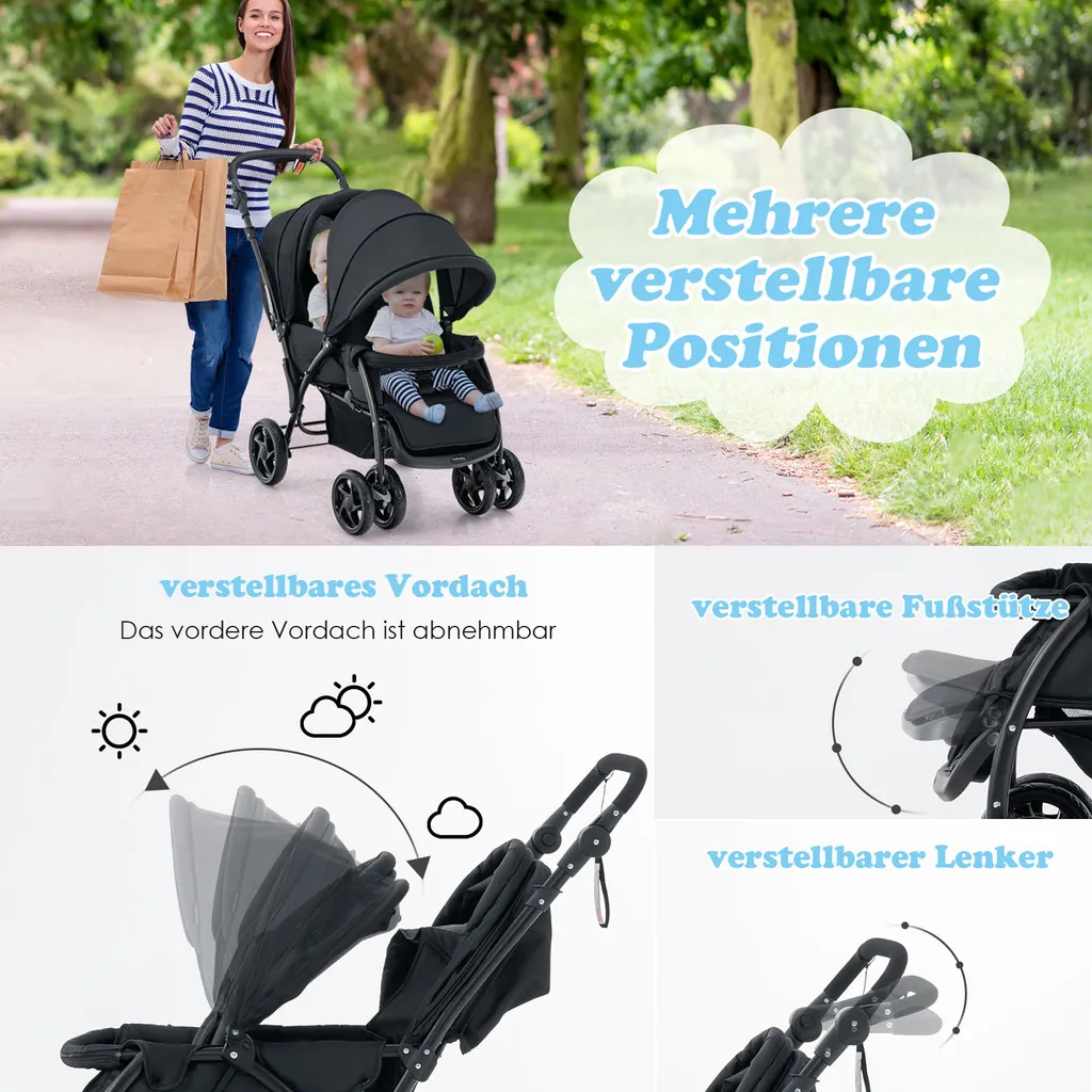 Poussette jumelle pour sorties urbaines pliable et compacte coloris noir