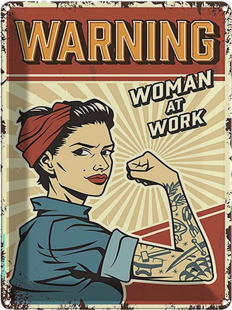 vianmo Blechschild 40x30 cm Pinup warning women at work Frau Pin Up