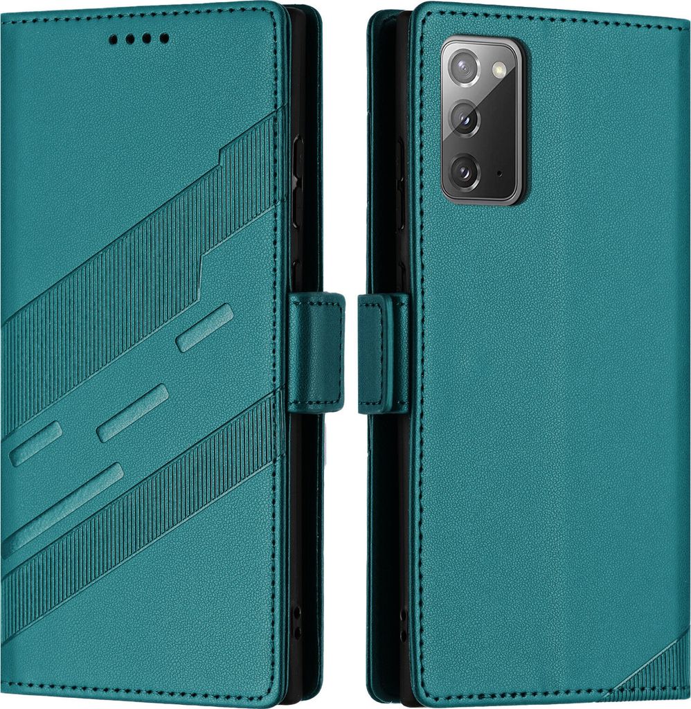 A teal-colored phone case with a geometric design is shown open, displaying the inside and the phone it protects.