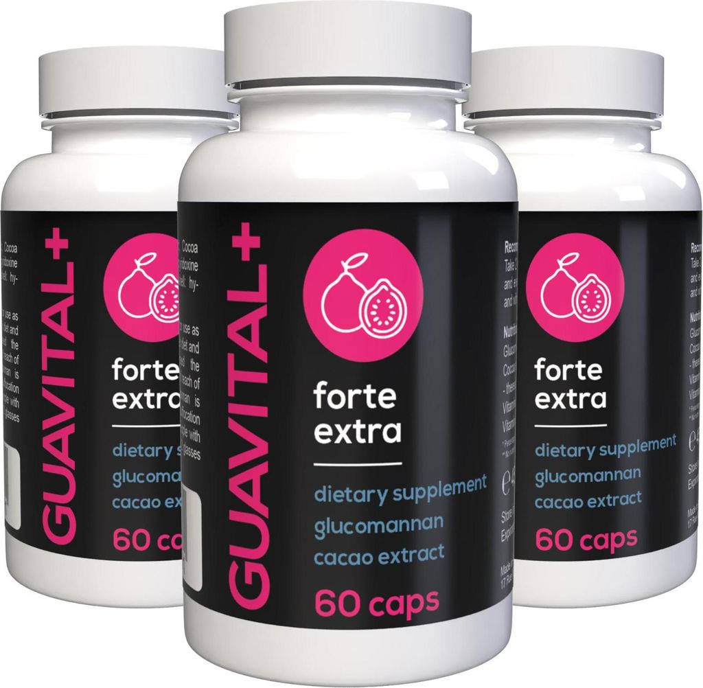 GUAVITAL+ forte - 180 Kapseln (3x60) hochdosiert - Glucomannan & Kakao - Mit Vitamin B1 & B6 - Original Schweizer Rezept - 3er Pack