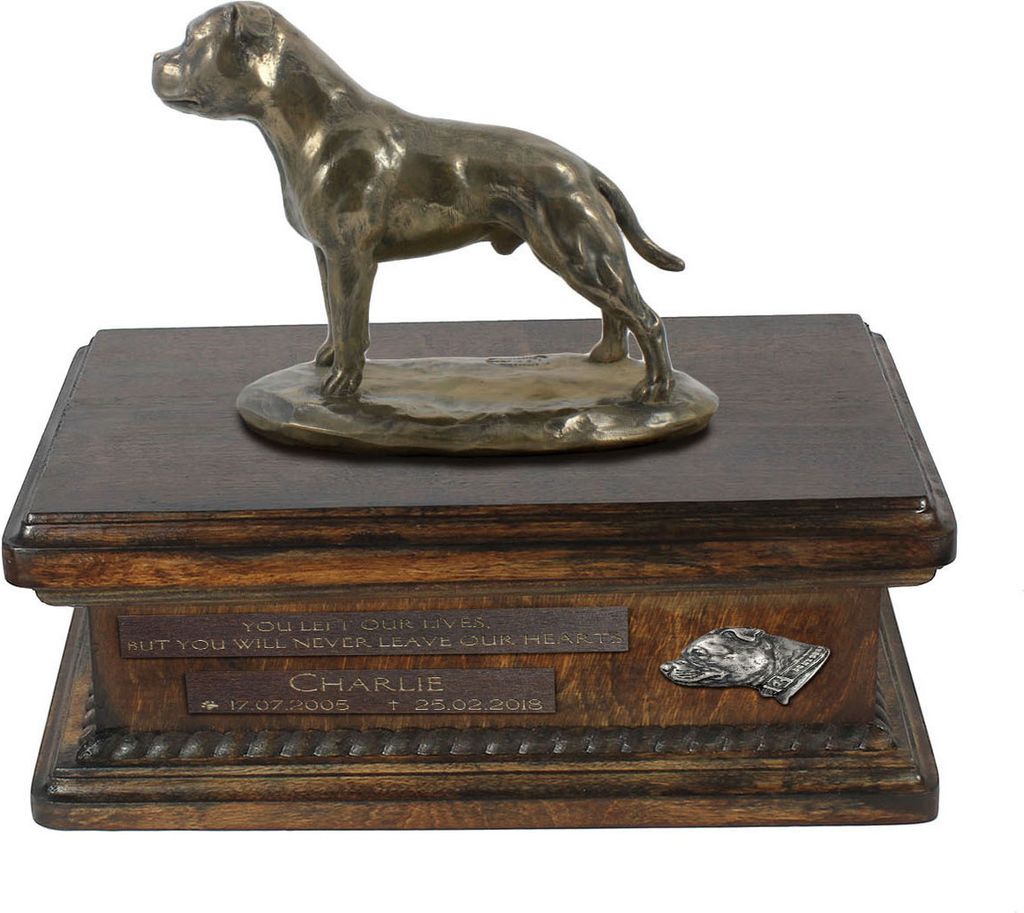 Staffordshire Bull Terrier, Staffordshire Bullterrier IV urne in Hundeasche, personalisierte Urne mit Statue, Holzurne mit Hund von Art-Dog