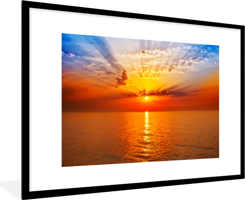 MuchoWow Gerahmtes Poster Sonnenuntergang - Meer - Himmel - Orange - Horizont - Wasser 90x60 cm - Poster mit Schwarzem Bilderrahmen Wandposter Ra...