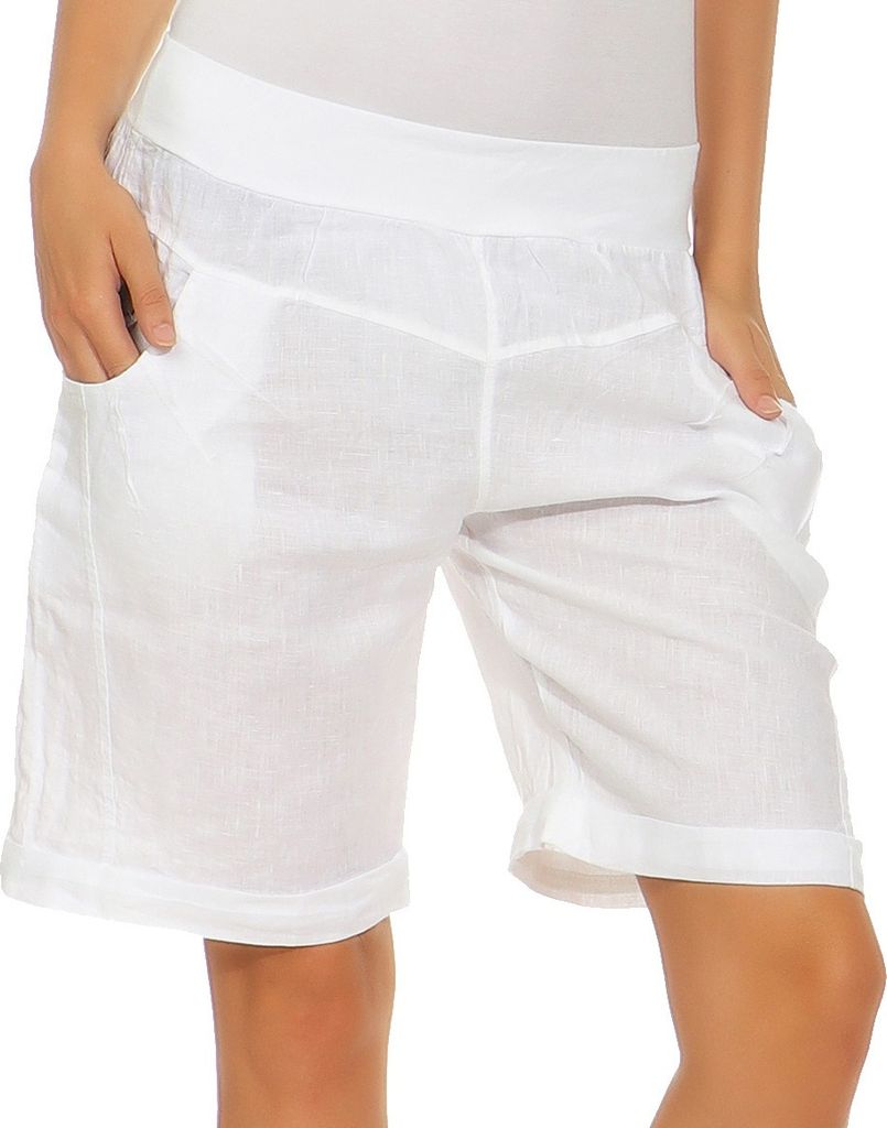 Bermuda Shorts Damen Leinenshorts kurze Hose Freizeithose 100% Leinen Shorts Uni Sommer Strand Art. 276 Weiß M