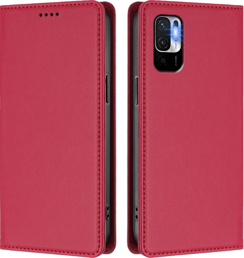 Handyhülle für Xiaomi Poco M3 Pro/ Redmi Note 10 5G, Kunstleder Klapphülle Stoßfeste Magnetische Hülle mit Ständer Rot