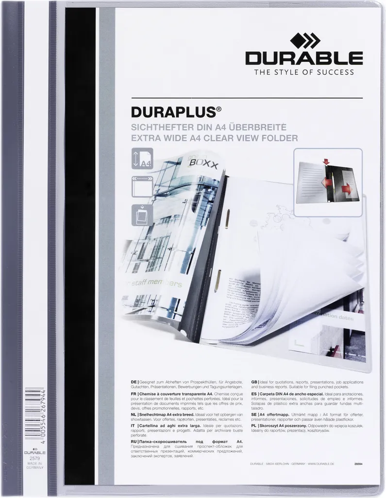 Durable 257910 DURAPLUS A4+ Grigio: Cartellina ad Aghi Professionale
