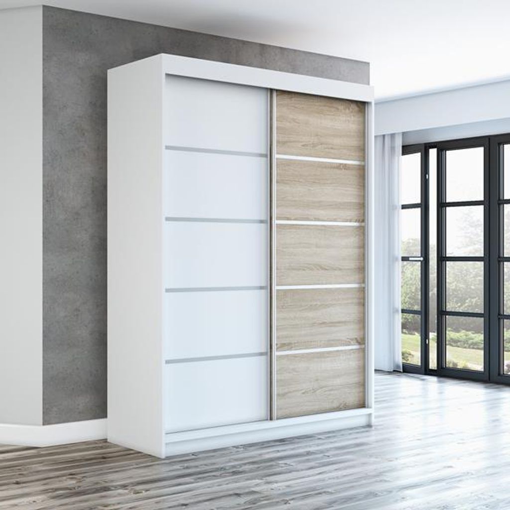 Schwebetürenschrank, 2-türig Schrank PARIS 160 cm (mit Spiegel) (Weiß / weiß / sonoma)