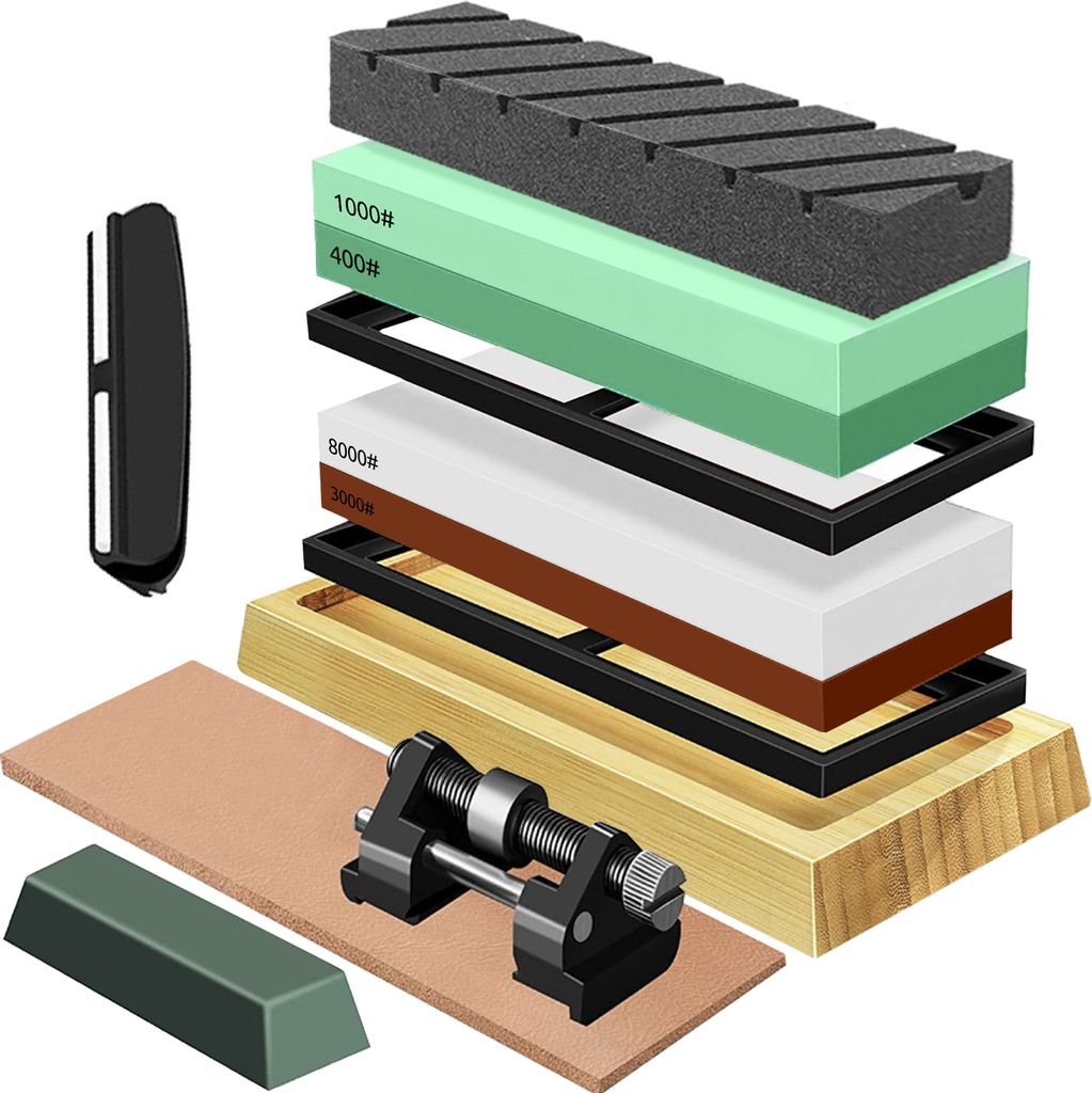 A set of sharpening stones with a wooden base and accessories, displayed in an exploded view.