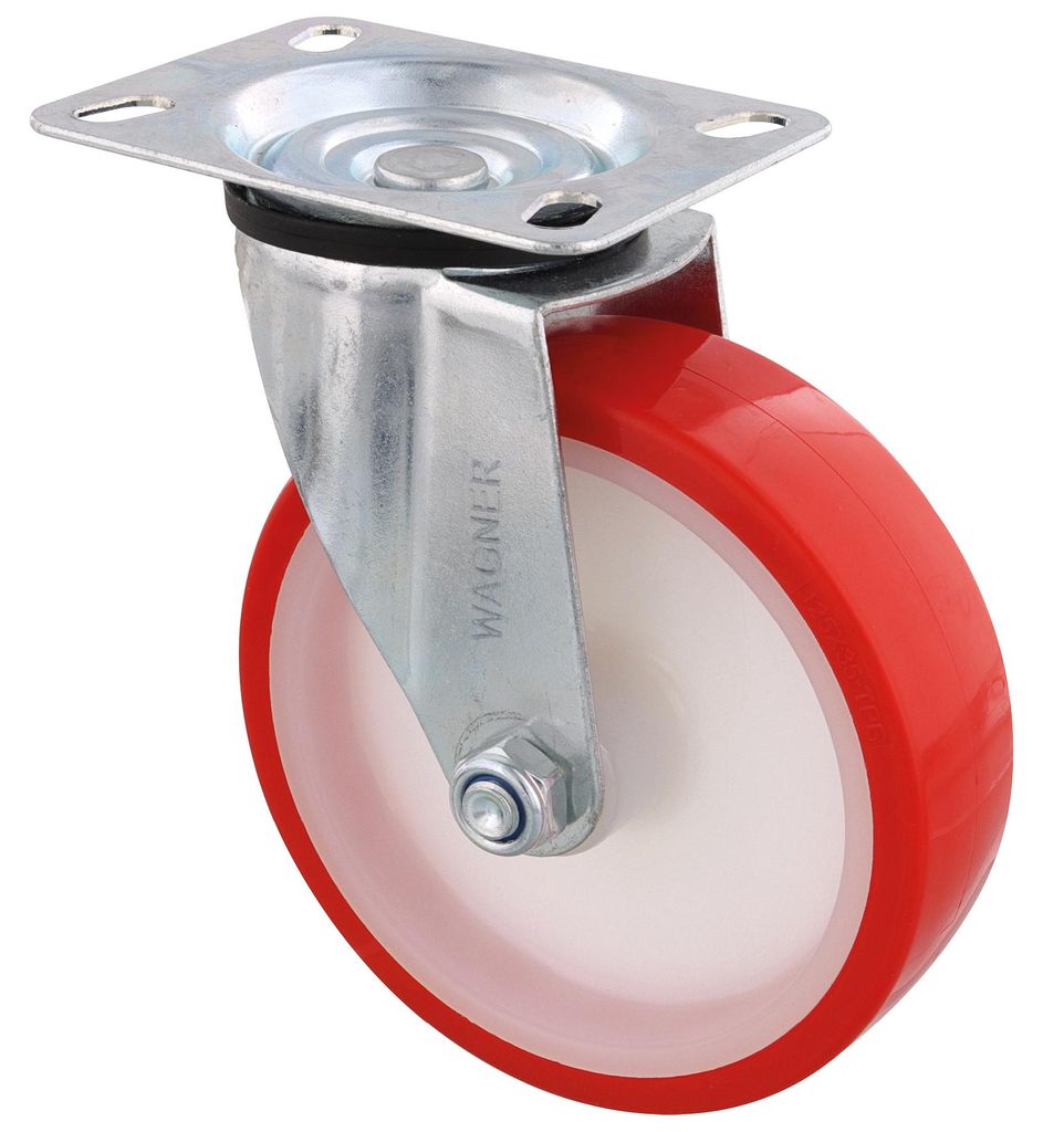 WAGNER Soft-Lenkrolle/Möbelrolle Ø 125 mm, Transportrolle mit Rollenlager, Stahl, weiß/rot, Tragkraft 100 kg - 04142501