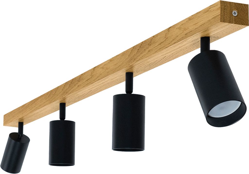 A four-light track lighting fixture with black cylindrical spotlights mounted on a natural wood beam.